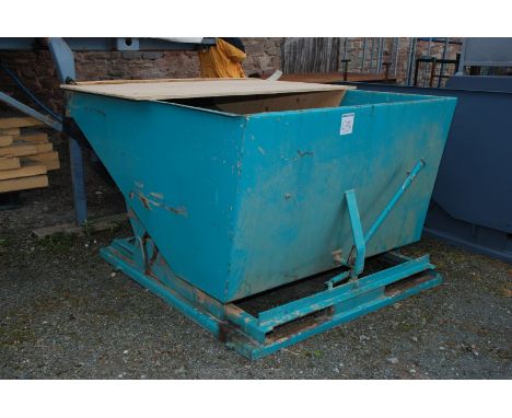 A turquoise painted fork-lift portable Tipping Skip.