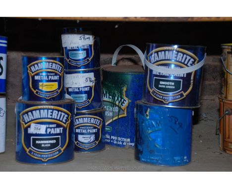 Part tins of "Hammerite" metal Paint including white, dark green, black, light blue, yellow, etc.,