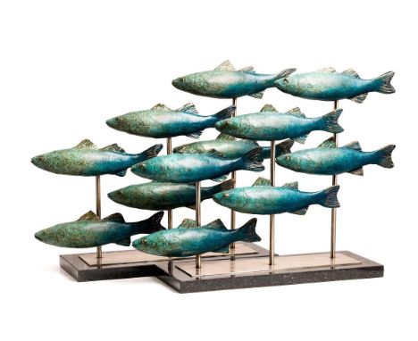Andy McCarthy (b.1946) Shoal of Fishunique bronze and stainless steel on granite basesigned 52 x 110 x 41cm (20.5 x 43.3 x 16