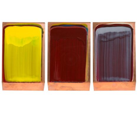 Ciaran Lennon (b.1947) Untitledoil on copper - triptychsigned on reverse each lens measures 23cm x 14cm 23 x 42cm (9.1 x 16.5