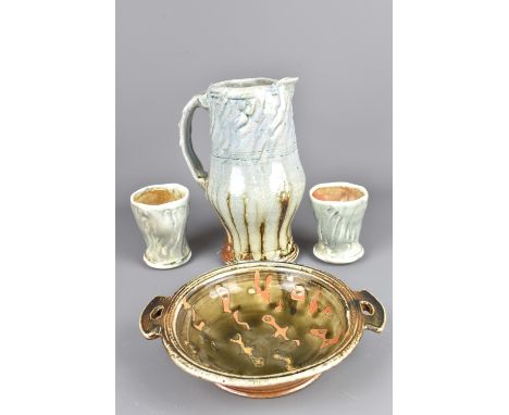 JEREMY STEWARD (born 1972); a wood fired soda glazed stoneware jug, twin handled dish and a pair of beakers, impressed JS mar