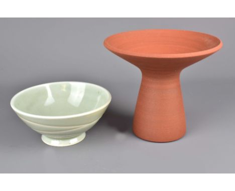 BROOKS OLIVER; a red stoneware vase with flared rim and a porcelain bowl with incised linear decoration covered in celadon gl