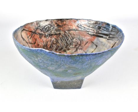 ANN CHRISTENSON; a footed stoneware bowl with incised decoration and painting of a bottle to the well, painted mark, diameter
