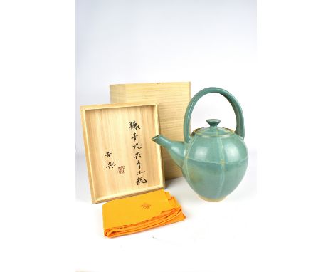YOSHINORI HAGIWARA (born 1974); a large stoneware teapot covered in nuka blue glaze, height 31cm, with signed box. Hagiwara i