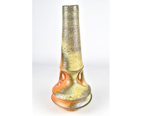 KENYON HANSEN; a soda fired stoneware twin handled bottle with extended neck, height 32cm. Based in Helena, Montana where he 