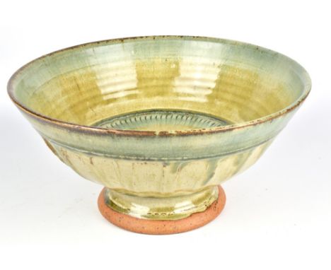 RICHARD BATTERHAM (born 1936); a fluted stoneware pedestal bowl with roulette pattern to edge of the well, diameter 30cm. (D)