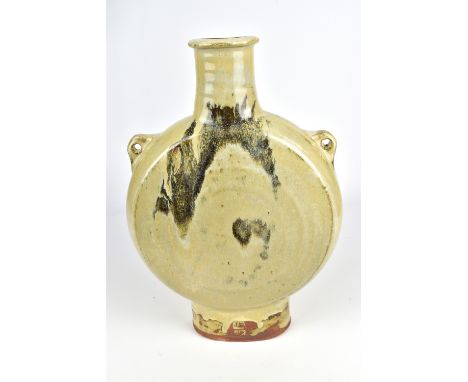 JIM MALONE (born 1946); a stoneware pilgrim bottle covered in nuka glaze with streaky cobalt and iron decoration, impressed J