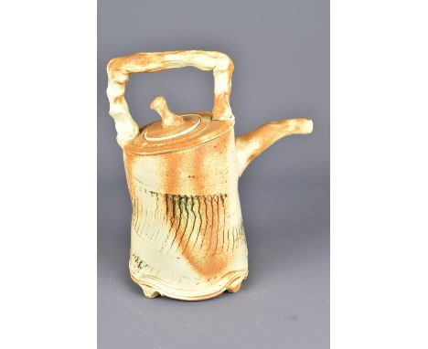 ERIC JENSEN; a porcelain teapot with rustic handle and linear decoration, signature, height 23cm.Additional InformationAppear