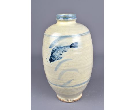 JIM MALONE (born 1946); a stoneware bottle covered in brushed slip with fish motif in cobalt, impressed JM and L (for Lessonh