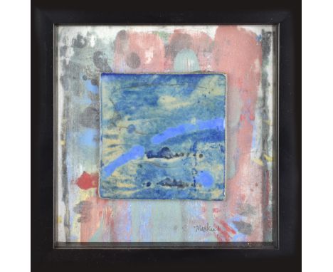 FRANCES MACKEY; a stoneware tile mounted on a mono-print, signed, 18.5 x 18.5cm, framed and glazed. The mono-print is taken f