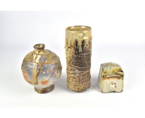 STEPHEN PARRY (born 1950); a globular wood fired stoneware vase, a cylindrical vase and a small box and cover, impressed SP m