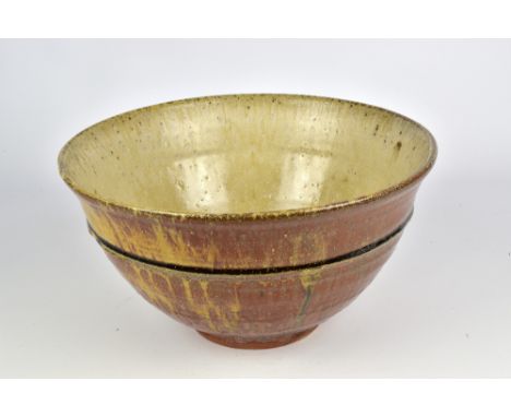 JIM MALONE (born 1946); a deep stoneware bowl covered in ash glazes, impressed JM and L (for Lessonhall) marks, diameter 30.5