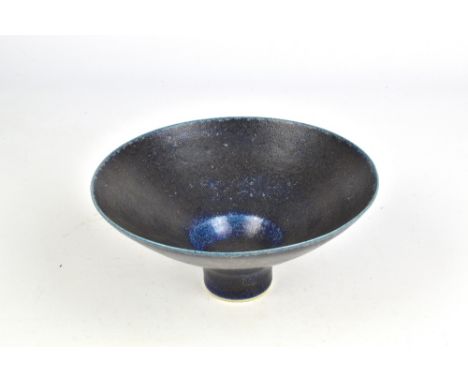LUCIE RIE (1902-1995); a conical porcelain bowl covered in mottled aquamarine glaze toning to 'lapis-lazuli' in patches, impr