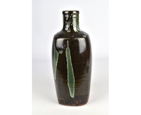 JIM MALONE (born 1946); a square stoneware bottle covered in tenmoku glaze with copper pours, impressed JM and L (for Lessonh