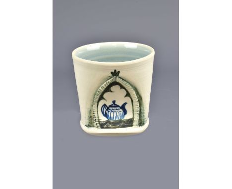 SETH J RAINVILLE; a porcelain cup decorated with a teapot, painted signature, height 8cm.Rainville is based in Dartmouth, Mas