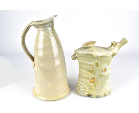 DICK LEHMAN (born 1952); a wood fired stoneware pitcher and a spouted bottle, impressed DL mark to pitcher, tallest 26.5cm (2