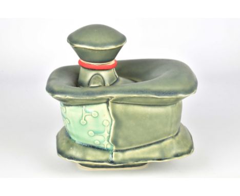 CHRIS PICKETT; a porcelain bottle with stopper partially covered in metallic green glaze, impressed CP mark, height 17cm. Pic