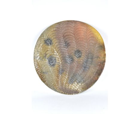 CLAYTON AMEMIYA; a large wood fired stoneware platter with fish scale pattern, incised signature, CA mark and dated 2000, dia