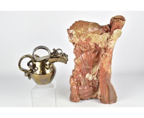 CECILIA CUNNINGHAM; an earthenware lustre teapot and a stoneware slab sculpture covered in shino glaze, incised and painted m