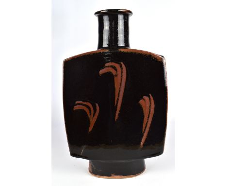 JIM MALONE (born 1946); a large rectangular stoneware bottle covered in tenmoku and kaki glaze with finger wipe decoration, i