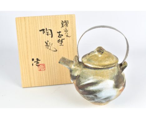 KEN MATSUZAKI (born 1950); a yohen wood fired stoneware teapot with metal handle and shino glaze, height 15cm (excluding hand