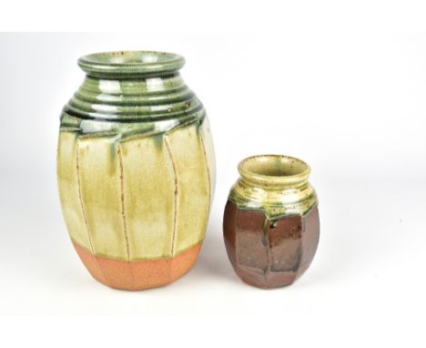 RICHARD BATTERHAM (born 1936); a cut sided stoneware jar and a smaller example, tallest 26cm (2). (D)Provenance: Purchased fr