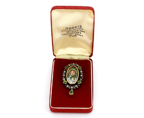 A large antique 18ct yellow and white gold enamelled portrait Pendant/brooch surrounded by rose cut diamonds and  emeralds, L