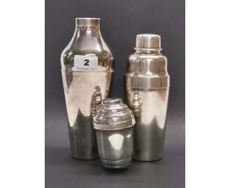 Two vintage silver plated cocktail shakers, largest H. 23cm, largest signed Ercuis, other signed Christofle, together with a 