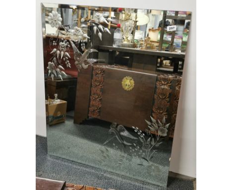 A vintage etched glass mirror, 77 x 92cm.