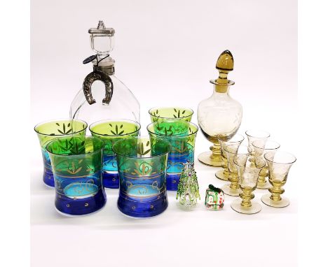 A pewter mounted "light and music" Luigi Bormioli decanter, with a group of other glassware.