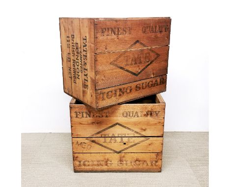 Two vintage Tate icing sugar pine advertising boxes, 52 x 38 x 43cm.