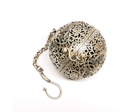 A Chinese pierced white metal (tested silver) incense ball and chain decorated with birds among blossom, Dia. 7.7cm.