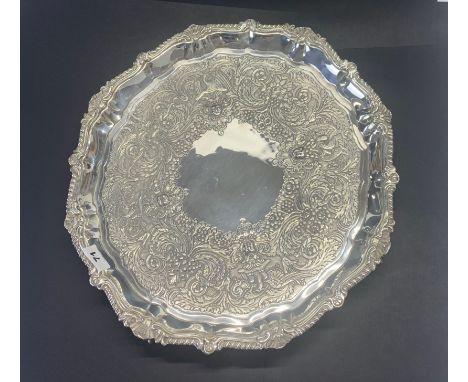 A heavy hallmarked silver engraved Art Nouveau tray standing on four feet, W. 45cm. Approx. 2660gr.&nbsp;