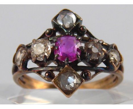 A ruby and mixed old cut diamond ring , ring size M, 3.2 gms.
