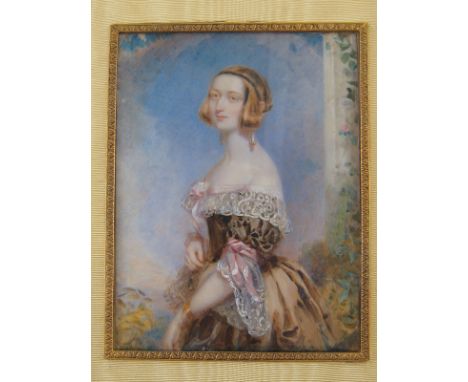 A three quarter length watercolour portrait of a lady in 19th. century dress, in modern gilt metal frame with cresting. 11x14