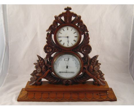 A late Victorian combined timepiece, barometer and thermometer in mahogany case carved with cornucopia, the French dead beat 