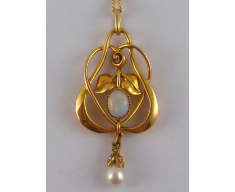 A yellow metal (tests 18 carat gold) opal and cultured pearl Art Nouveau style pendant, on 18 carat gold chain, pendant appro