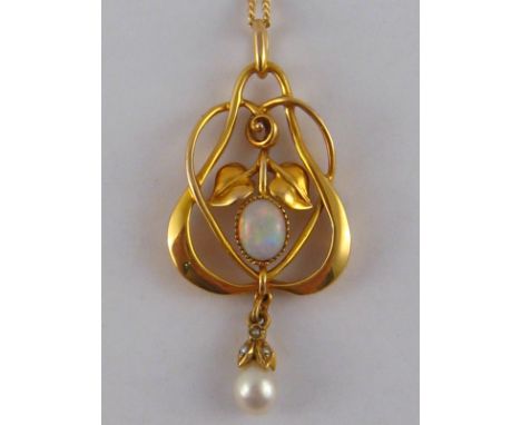 A yellow metal (tests 18 carat gold) opal and cultured pearl Art Nouveau style pendant, on 18 carat gold chain, pendant appro