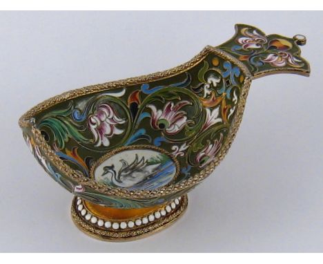 A Russian silver cloisonne enamelled kovsh on spread foot, the shaded enamels within centred on a crested swan swimming besid