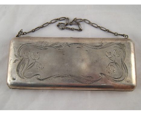 A Russian silver lady's handbag with internal divisions, Art Nouveau engraving and ceramic cabochon thumbpiece. Kokoshnik mar