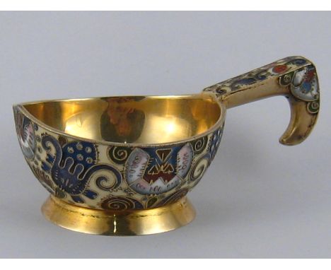 Ruckert . A Russian silver gilt kovsh cloisonne enamelled with stylised flowers. Marks for Feodor Ruckert and 88 standard Mos