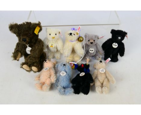 Steiff - 9 x unboxed bears, a 2000 Steiff Club edition 10 cm bear in black, a 2003 in pink, a 2004 in light blue, a 2005 in l