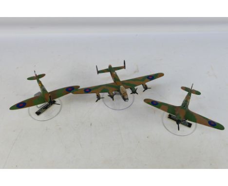 Corgi - 3 x 1:72 scale military aircraft models on stands, Supermarine Spitfire MkI, Hawker Hurricane MkI and an Avro Lancast