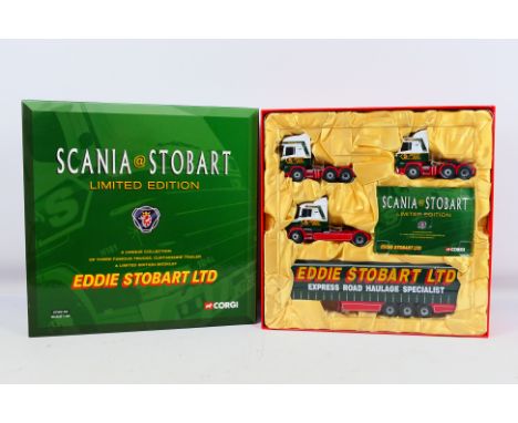 Corgi - A boxed #CC99155 1:50 Scale Scania @ Stobart set containing three trucks and a curtain Side Trailer. Item appears to 