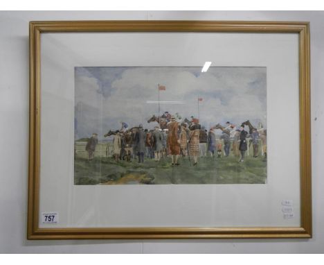 A watercolour painting of 'A day at the races' (possibly Ripon or Beverley) by Lincolnshire bases artist R James Mason, initi