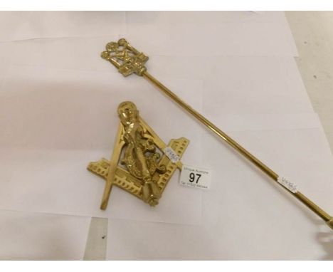 A Masonic brass door knocker and a brass Masonic toasting fork