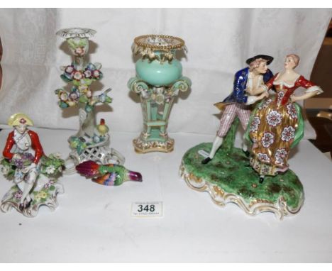 4 items of a/f porcelain including figures
 
Green ornament: approximate height 18.5cm
poor to fair condition
About a third o