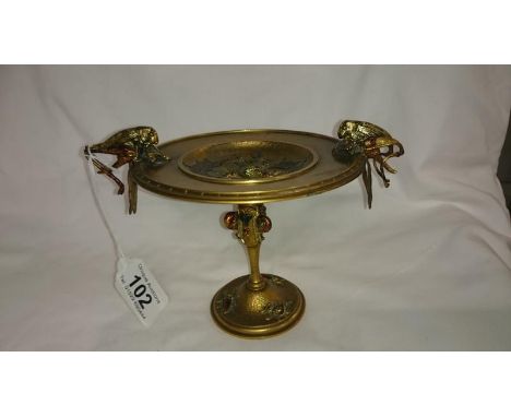 A superb circa 1900 French art nouveau gilt and cold painted bronze Tazza surmounted with a pair of grasshopper handles, moul
