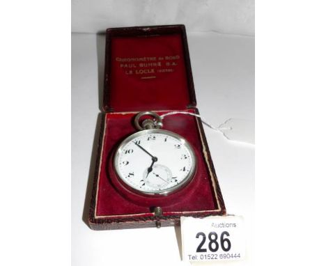 A large 20th century Swiss chronograph pocket watch in fitted red velvet box marked 'Chronometer De Bord' Paule Buhre S.A. Le