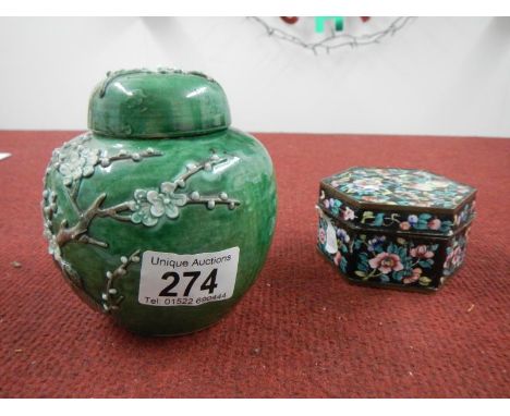 An Oriental cherry blossom ginger jar and a lidded enamel Oriental box